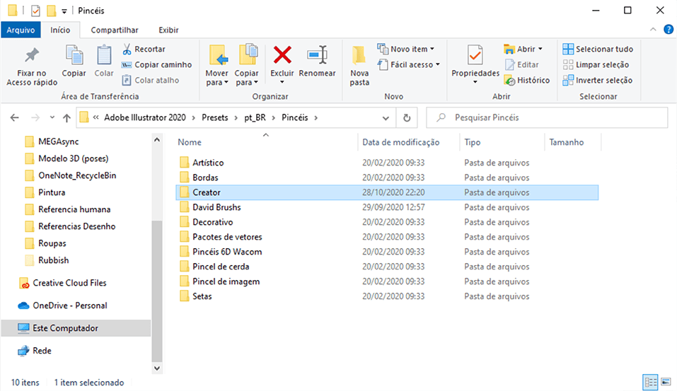 Adobe Illustrator Pinceis Personalizados criando pasta