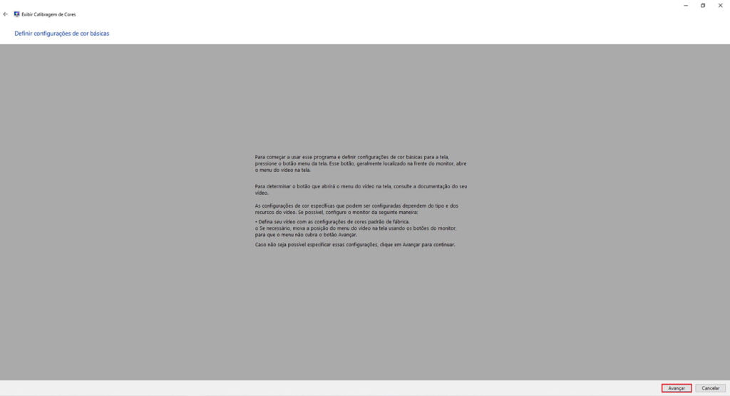 Instruções configurações de cores